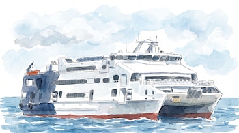 Ilustración de un ferry blanco y azul con detalles en rojo, navegando sobre agua azul con un cielo claro con nubes difuminadas.