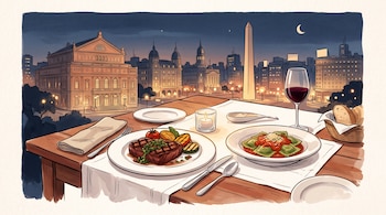 Mesa servida con un plato de carne, ravioles, copa de vino y pan, frente a una vista nocturna del Teatro Colón y el Obelisco de Buenos Aires.