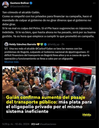 Gustavo Bolívar reaccionó al posible