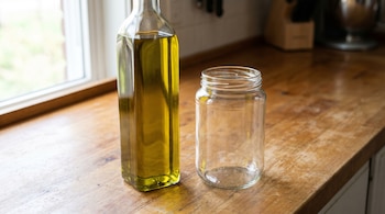 Una botella de aceite de oliva sin etiqueta y un frasco de vidrio transparente vacío están sobre una mesada de madera junto a una ventana.