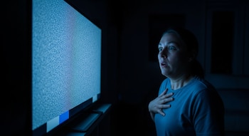 Una mujer con expresión de asombro y miedo mira una televisión inteligente que muestra estática, en una habitación oscura iluminada por la pantalla azul.