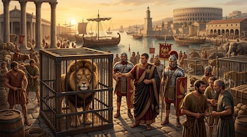 Un león en una jaula de madera junto a soldados y ciudadanos romanos en un puerto con embarcaciones y un anfiteatro al fondo.