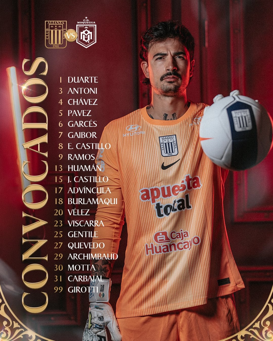 Convocados de Alianza Lima para el duelo ante CD Moquegua por Torneo Apertura 2026.