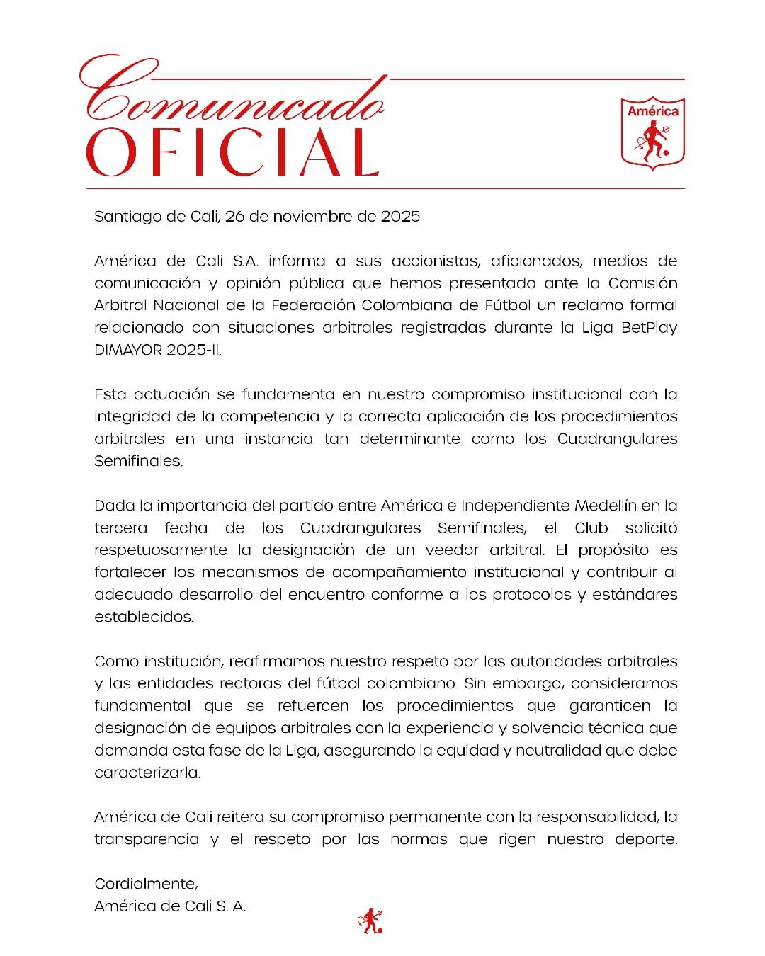 América de Cali exigió un veedor arbitral ante Medellín, para ofrecer garantías en el partido de los cuadrangulares - crédito América de Cali