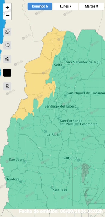 Mapa meteorológico de Argentina con áreas pintadas en verde y amarillo, selector de días y nombres de ciudades principales