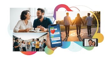 Collage de relaciones: pareja en café, trío de la mano al atardecer, grupo social y dos teléfonos con chat y videollamada.