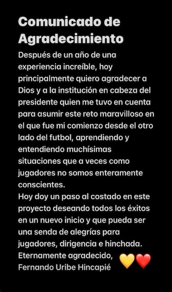 Fernando Uribe anunció su desvinculación