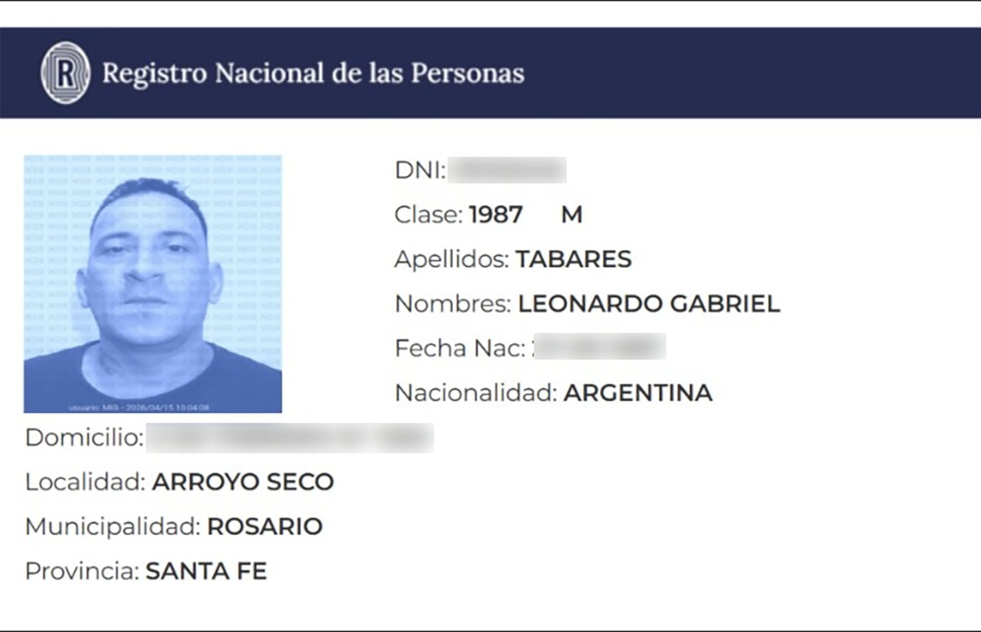 Documento de identidad de Leonardo Gabriel Tabares, alias