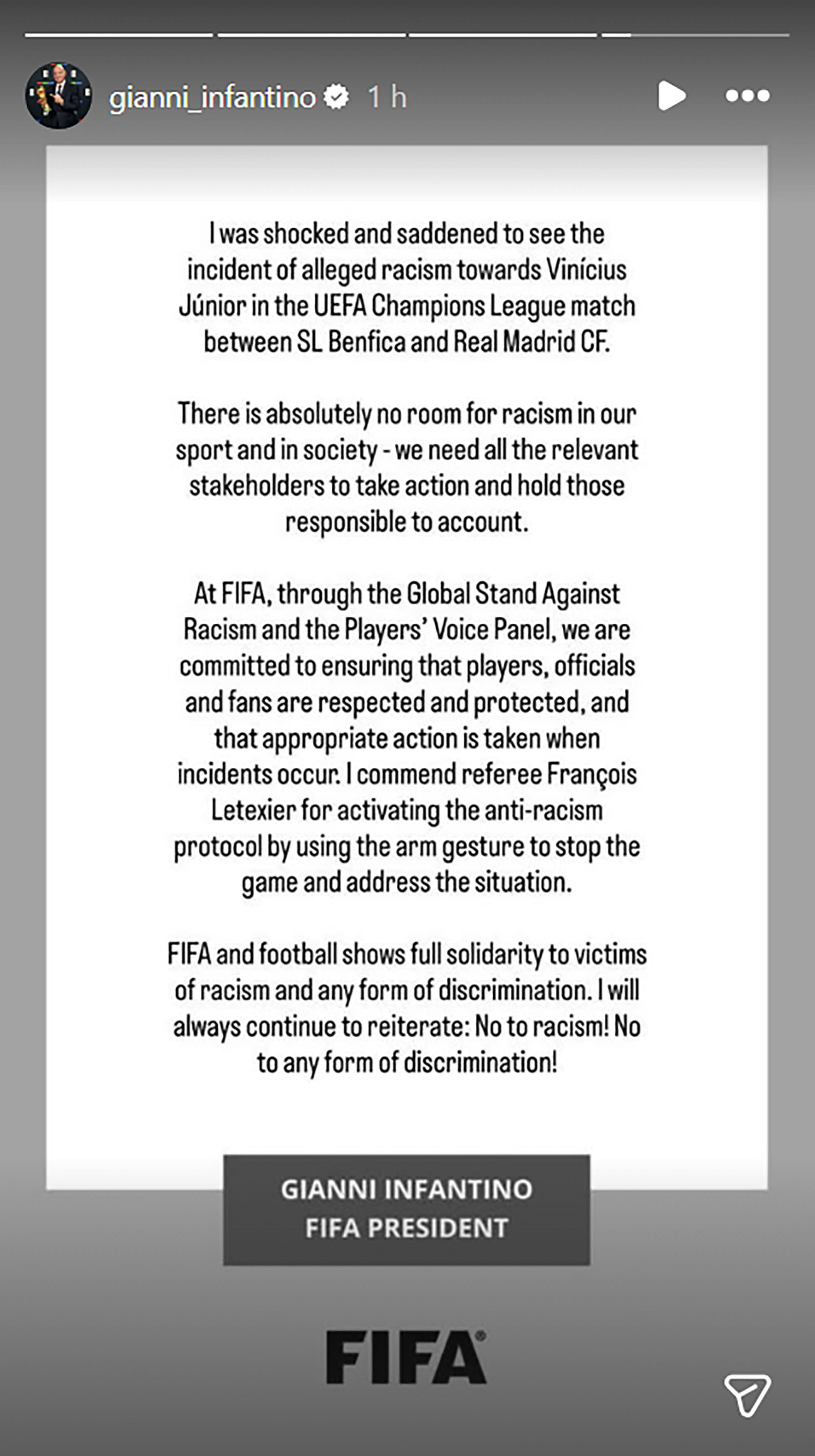 El presidente de la FIFA, Gianni Infantino, condena el presunto racismo hacia Vinícius Júnior