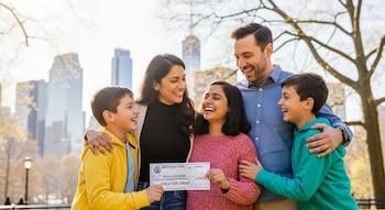 Familia sonriente de dos adultos y dos niños se abraza y muestra un cheque de "CHILD TAX CREDIT" con edificios de la ciudad y árboles al fondo.
