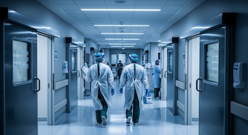 Dos profesionales de la salud con equipo de protección avanzan por un pasillo de hospital con puertas de aislamiento; hay más personal al fondo.
