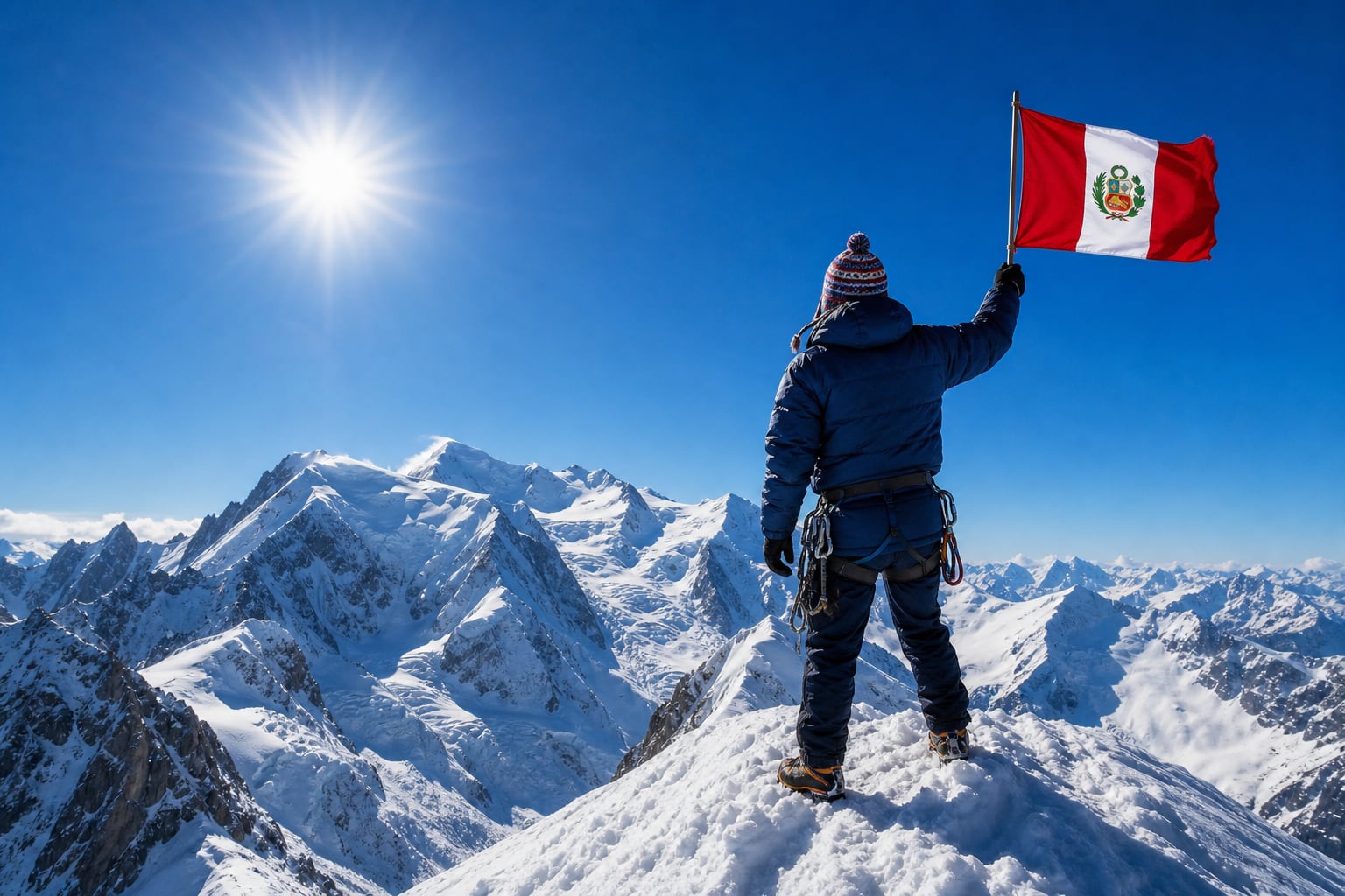 Un montañista sostiene la bandera de Perú en la cumbre del Mont Blanc en representación del hito alcanzado por César Morales Arnao en 1961. (Imagen Ilustrativa Infobae)