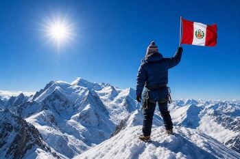 Un montañista de espaldas sostiene una bandera de Perú sobre una cumbre nevada con el sol brillante y montañas al fondo.