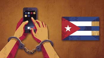Ilustración de dos manos esposadas que manejan un teléfono inteligente, situadas junto a la bandera de Cuba sobre un fondo marrón.