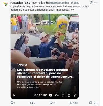 La Fundación Paz y Reconciliación expuso su postura con respecto a la entrega de balones que hizo Abelardo de la Espriella en Buenaventura - crédito @parescolombia/X
