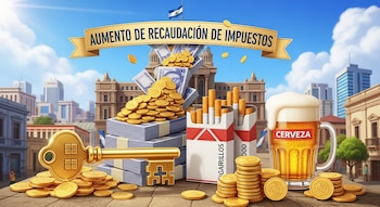 Edificios de ciudad, bandera de El Salvador, cinta dorada con "Aumento de Recaudación de Impuestos", billetes y monedas, llave de oro, cajetillas de cigarrillos, jarra de cerveza.