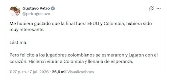 Gustavo Petro destacó la entrega del equipo nacional y aseguró que la Tricolor logró llenar de esperanza a millones de colombianosc - crédito @petrogustavo/X