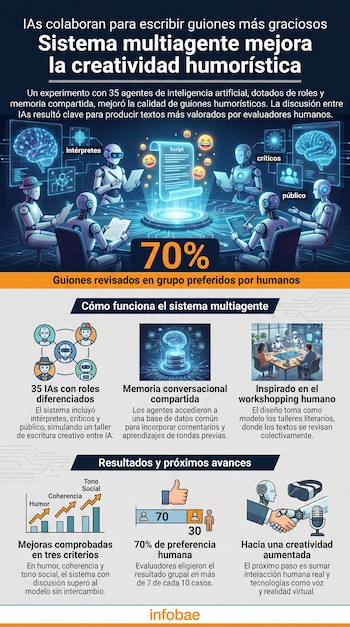 Infografía muestra varios robots de inteligencia artificial interactuando en una mesa, simulando un taller de escritura para guiones humorísticos, con gráficos de datos y porcentajes.
