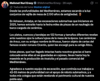 Captura de pantalla de una publicación en español de Mehmet Nuri Ersoy en la red social X sobre arqueología submarina