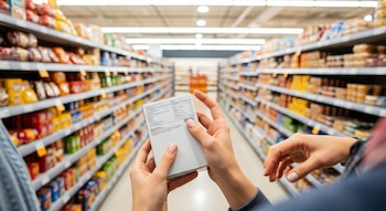 Dos manos sostienen un paquete de comida con su etiqueta nutricional en un pasillo de supermercado rodeado de estantes con productos envasados.