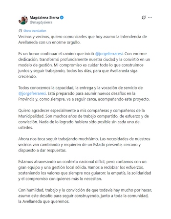 Posteo Madgalena Sierra sobre su asunción como intendenta de Avellaneda