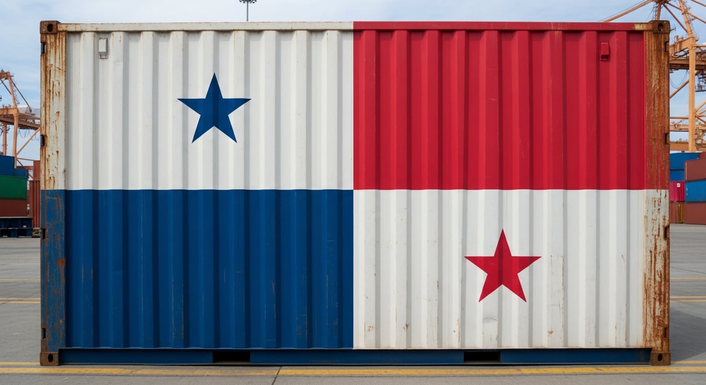 Un contenedor metálico de carga en un puerto muestra la bandera de Panamá pintada en uno de sus costados, con remaches y texturas de metal visibles en primer plano. (Imagen Ilustrativa Infobae)