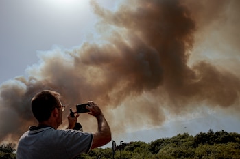 Tres medios aéreos y seis dotaciones de bomberos municipales de València trabajan en la extinción de un incendio declarado en la Gola de Pujol. (EFE/Biel Aliño)