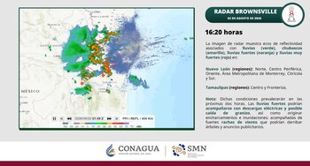 Mapa de radar con ecos de lluvia en México y Estados Unidos; texto sobre lluvia fuerte, granizo y viento; logos CONAGUA y SMN