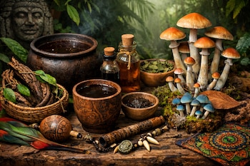 Olla de barro, taza de madera, cesta con raíces, cuencos con hierbas, botellas, hongos naranja y azules, plumas, sonajero y tela sobre madera.