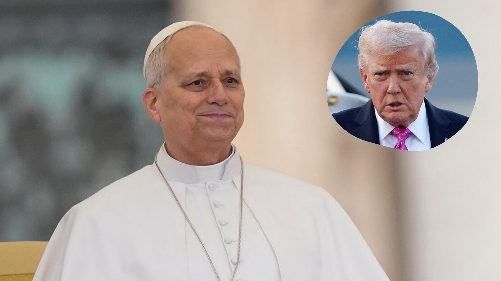 El Pope Leo XIV aparece en su vestimenta papal tradicional junto a un recuadro de Donald Trump vistiendo traje y corbata rosa. (AP)