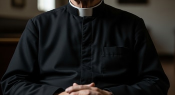 Primer plano del torso de un sacerdote adulto mayor con camisa clerical negra y cuello blanco, sus manos entrelazadas en el regazo. El rostro no es visible.