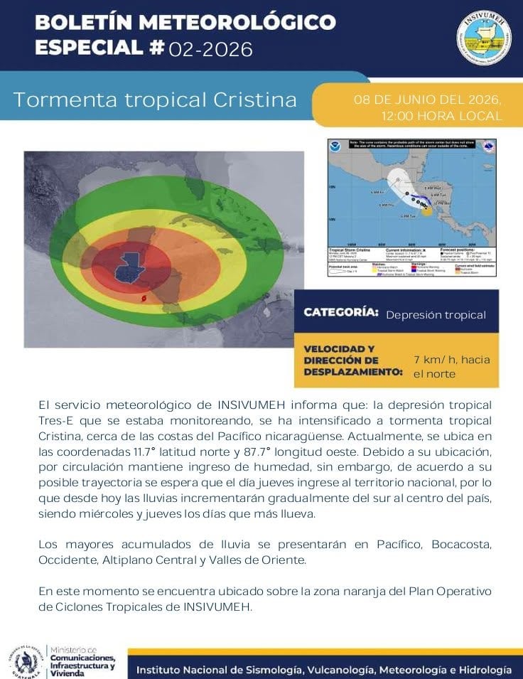 INSIVUMEH emite boletín especial por la intensificación de la Tormenta Tropical Cristina, que traerá lluvias significativas a varias regiones de Centroamérica, con su ingreso previsto para el jueves. (Conred Guatemala)