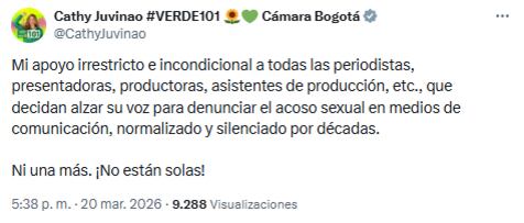 La representante por Bogotá brindó su apoyo a las encargadas de denunciar los hechos en Caracol Televisión - crédito @CathyJuvinao/X
