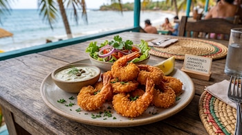 Plato con camarones fritos, un recipiente de salsa tártara, ensalada y limón sobre una mesa de madera frente a la playa.