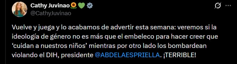 Cathy Juvinao señaló que la muerte de menores de edad pueden ser considerado una violación al DIH - crédito @CathyJuvinao/X