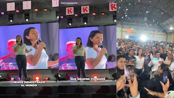 Uma mulher fala em um palco com uma tela gigante e o logotipo K. A foto também mostra uma grande multidão em um evento com confetes caindo