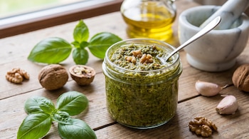 Un frasco con pesto verde y una cuchara junto a hojas de albahaca, nueces, dientes de ajo y un mortero sobre una mesa de madera.