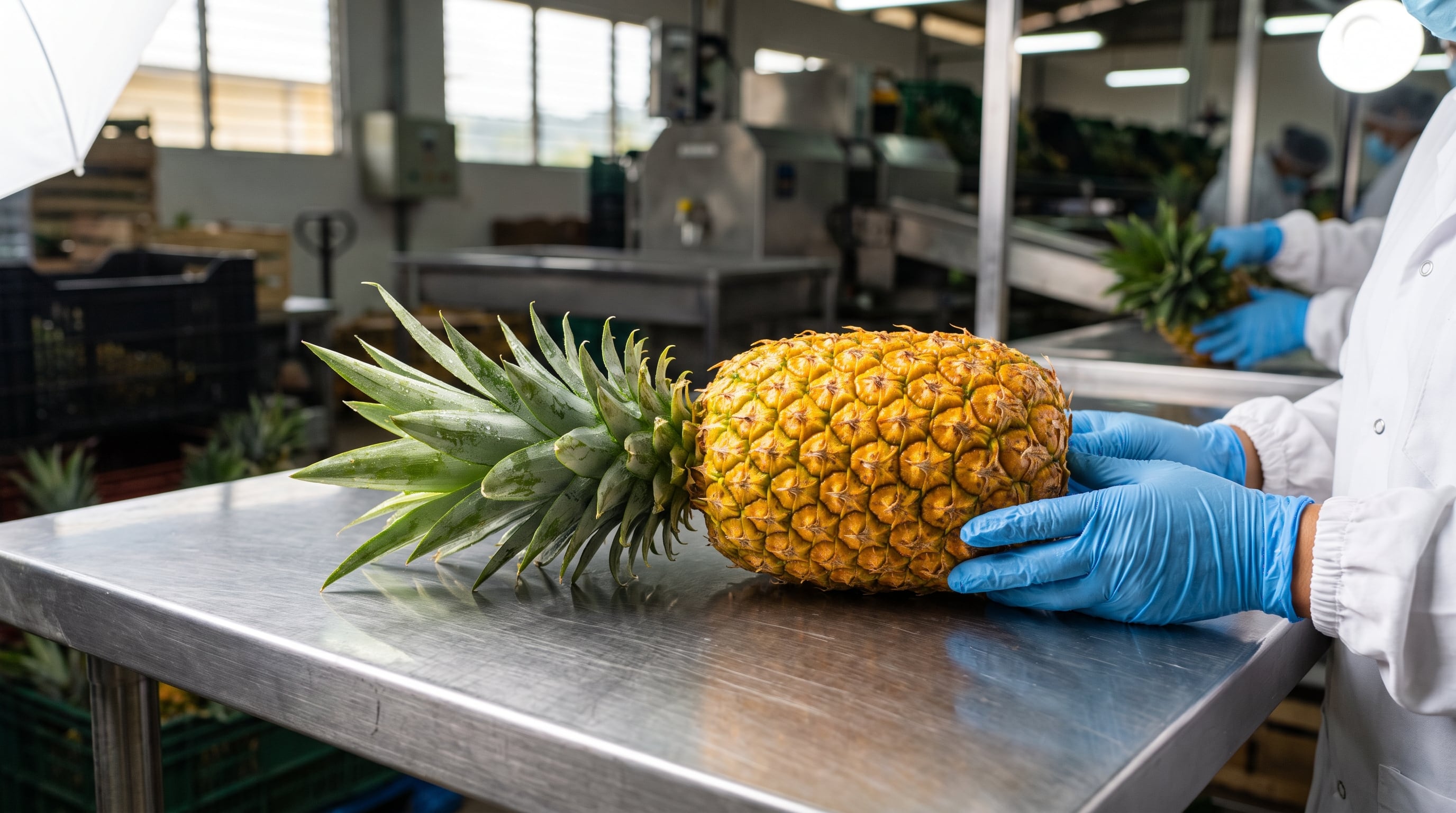 Un inspector agrícola verifica la calidad fitosanitaria de una piña sobre una mesa de acero inoxidable en una planta empaquetadora de Costa Rica. (Imagen Ilustrativa Infobae)