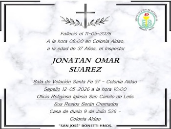 Los restos de Jonatán Suárez fueron velados en Colonia Aldao, su ciudad de origen, con presencia de familiares y compañeros de la fuerza