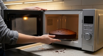 Vista de cerca de una persona metiendo un bizcocho de chocolate redondo en un horno microondas plateado sobre una encimera clara.