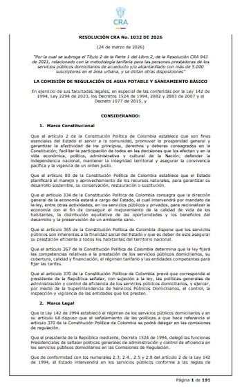 La Resolución CRA 1032 del 24 de marzo de 2026, según el Gobierno, prioriza al ciudadano como eje central de la prestación de los servicios públicos de acueducto y alcantarillado - crédito CRA