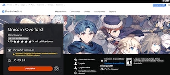 Captura de pantalla de la PlayStation Store. Se muestra la página del videojuego Unicorn Overlord con su título, calificación, precio y detalles