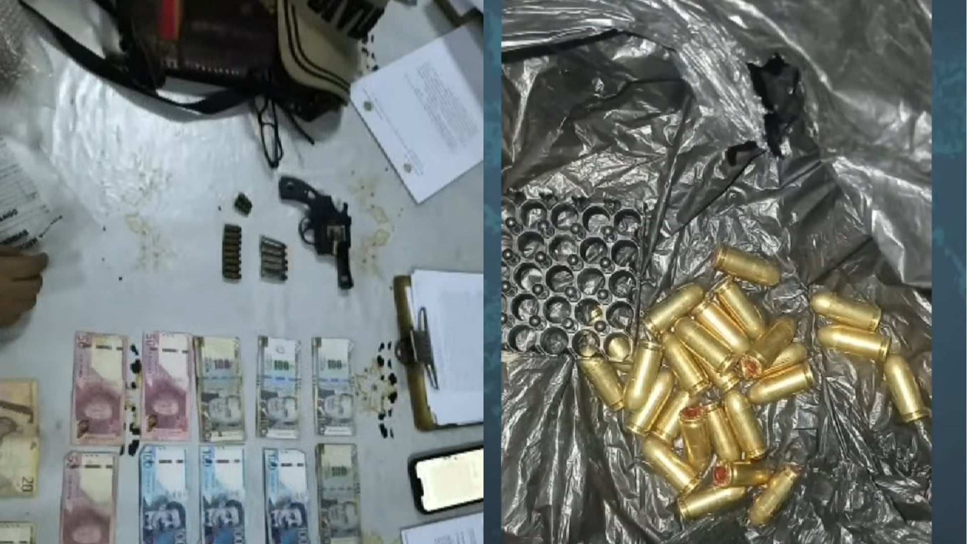 Autoridades incautan dinero en efectivo, un arma de fuego y municiones durante la operación contra la banda 'Los Terratenientes de Pucusana', que resultó en la detención del juez Manuel Rodríguez Alburqueque por presunta corrupción. (Composición: Infobae Perú / TV Perú Noticias)