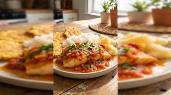 El pescado guisado se sirve caliente con arroz blanco, patacones, yuca o una ensalada fresca - crédito VisualesIA Infobae