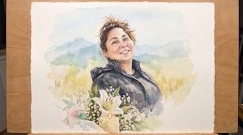 Pintura en acuarela de una mujer sonriente con chaqueta oscura, flores blancas, una vela encendida y montañas de fondo sobre un soporte de madera.