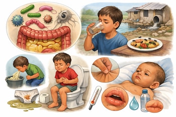 Collage ilustrando enfermedades diarreicas. Se ven microbios, intestinos, niños enfermos, agua contaminada, comida insalubre y un bebé deshidratado.