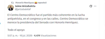 O deputado Jaime Arizabaleta anuncia seu apoio a Honorio Henríquez para a presidência do Senado - crédito @jarizabaletaf/X