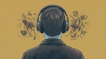 Ilustración de una persona de espaldas con auriculares sobre un fondo amarillo-naranja, rodeada de formas abstractas y líneas onduladas que sugieren ruido o sonido.