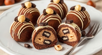 Un plato blanco contiene siete trufas de chocolate y avellanas; una está cortada mostrando su relleno de crema de avellanas y trozos de galleta. Se ve un tenedor.