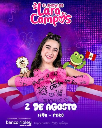 Arena 1 de San Miguel será el escenario donde Lara Campos interpretará sus temas más populares ante cientos de familias limeñas. Ticketmaster.